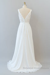 Long A-line V-neck Appliques Lace Chiffon Wedding Dresses